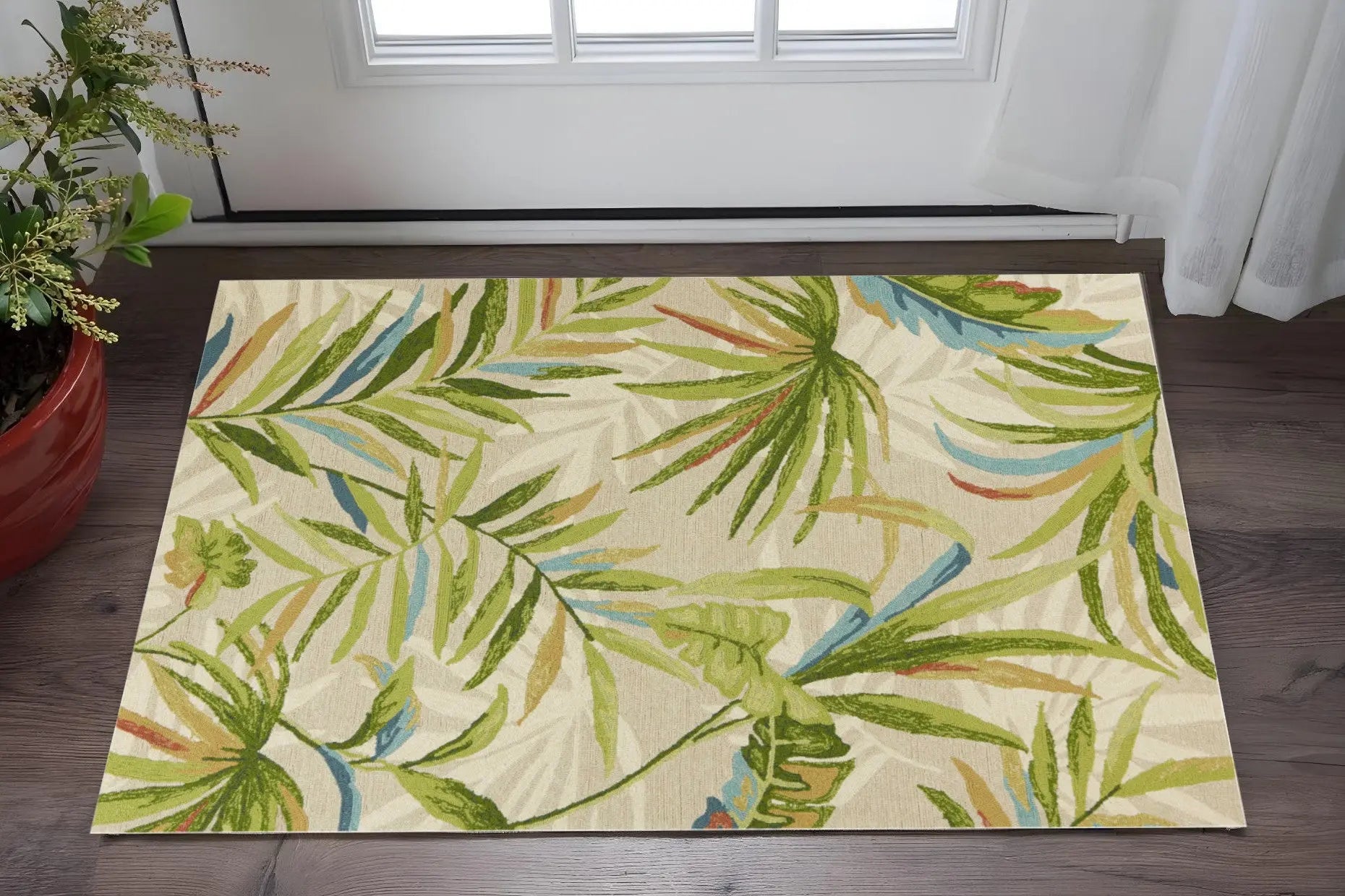 3' X 5' Sand Green And Blue Botanical Leaves Hand Tufted Area Rug Homeroots Home Decor