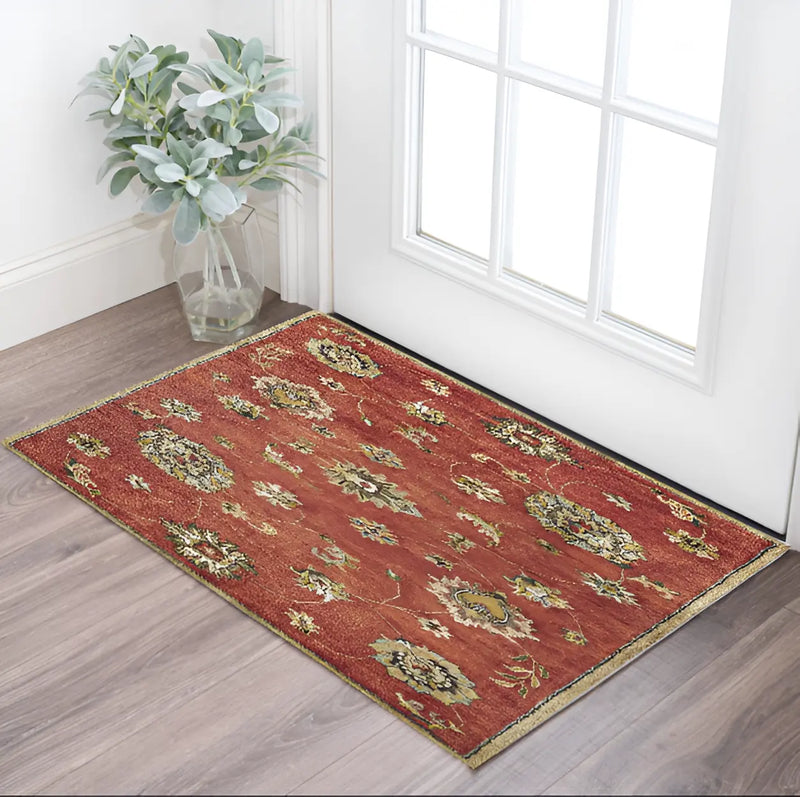 3' X 5' Sienna Gold And Green New Zealand Lambs Wool Floral Vines Hand Tufted Area Rug Homeroots Home Decor