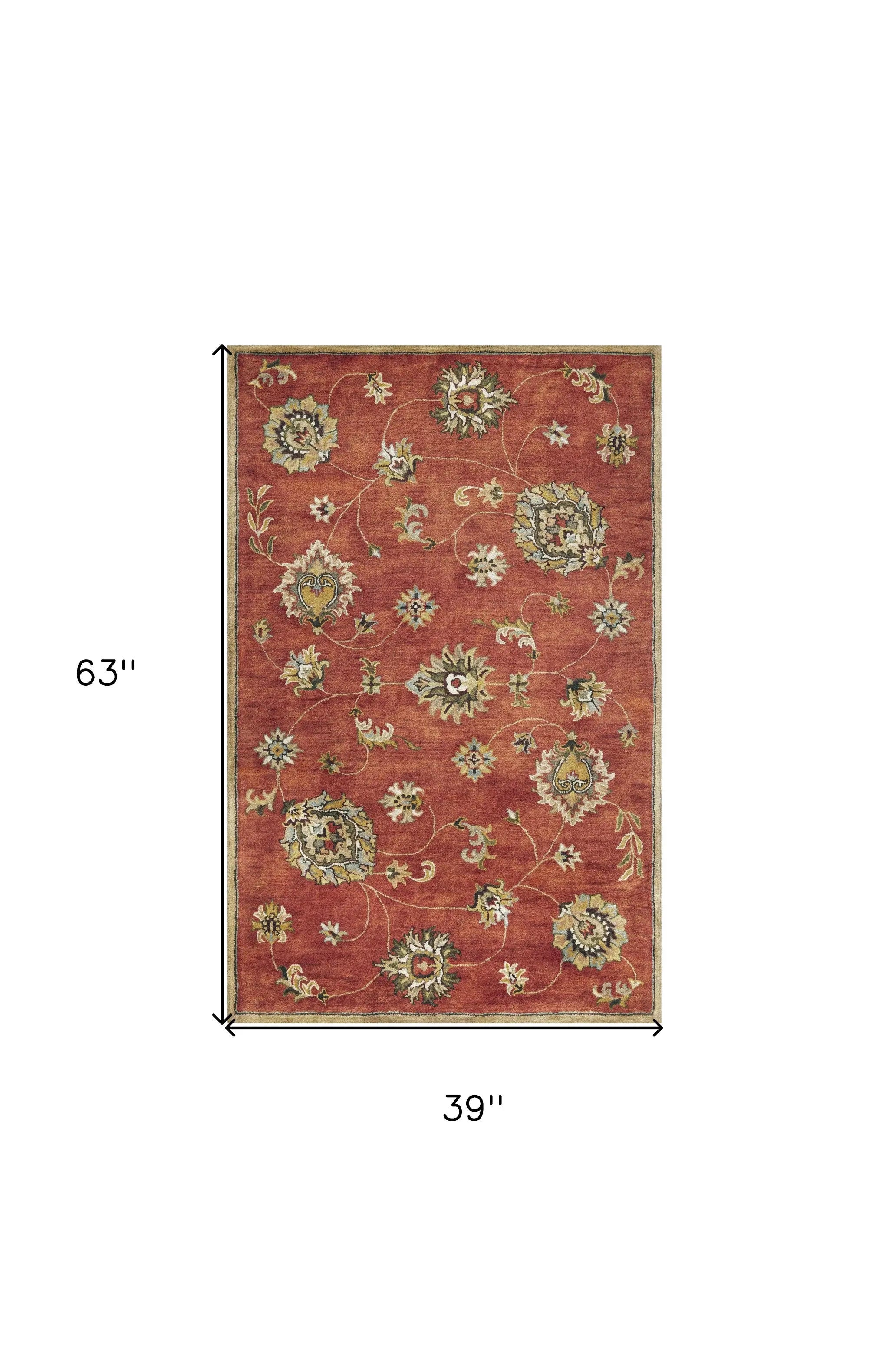 3' X 5' Sienna Gold And Green New Zealand Lambs Wool Floral Vines Hand Tufted Area Rug Homeroots Home Decor