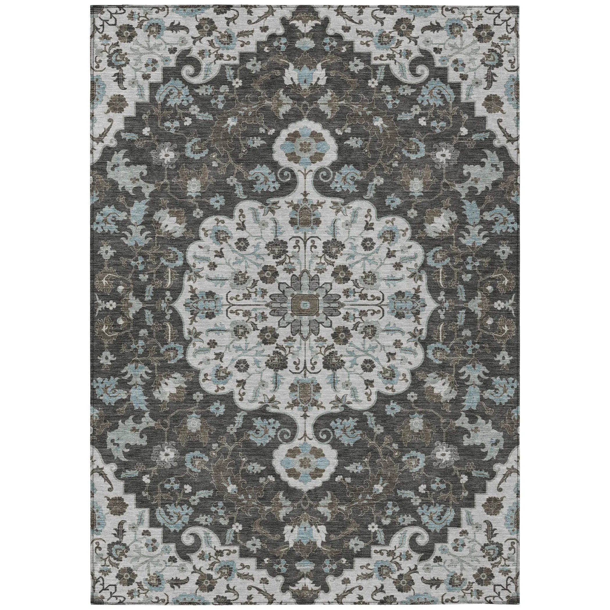 3' X 5' Silver And Charcoal Floral Medallion Washable Indoor Outdoor Area Rug Homeroots Outdoor