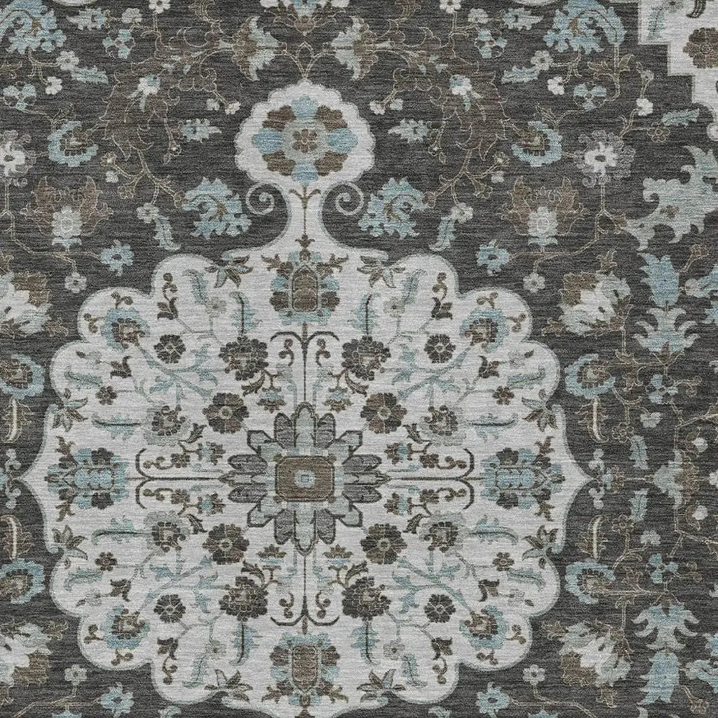 3' X 5' Silver And Charcoal Floral Medallion Washable Indoor Outdoor Area Rug Homeroots Outdoor
