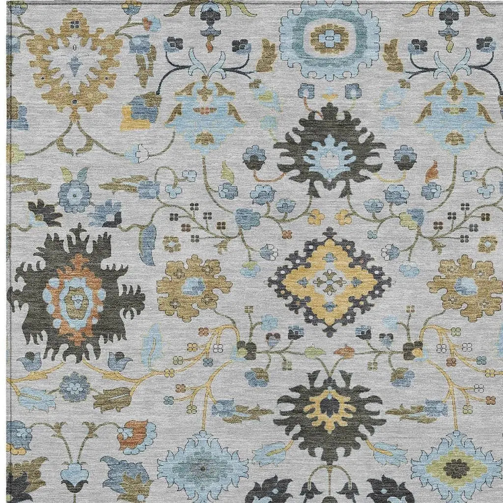 3' X 5' Silver And Charcoal Floral Medallion Washable Indoor Outdoor Area Rug Homeroots Outdoor