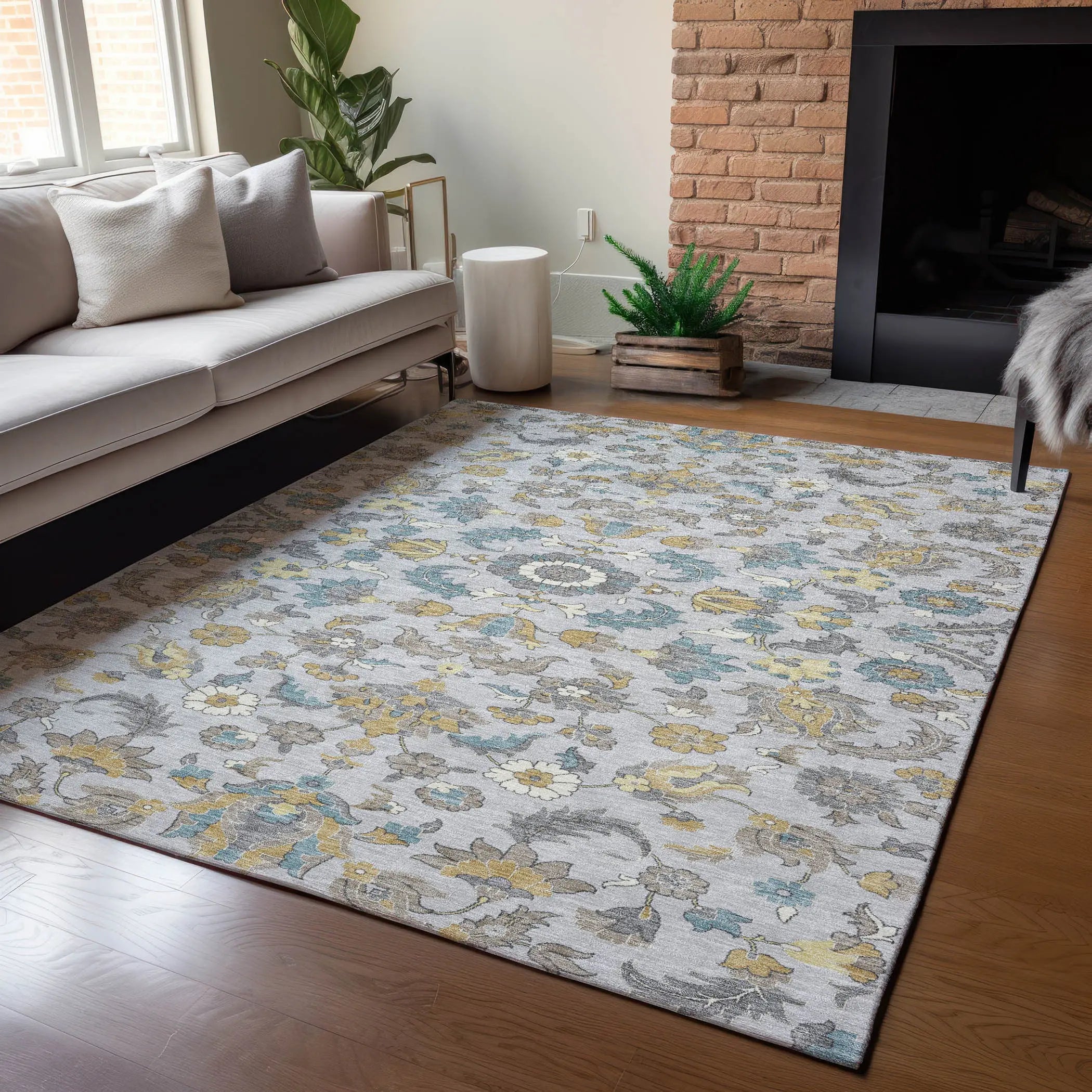 3' X 5' Silver And Gray Floral Medallion Washable Indoor Outdoor Area Rug Homeroots Outdoor