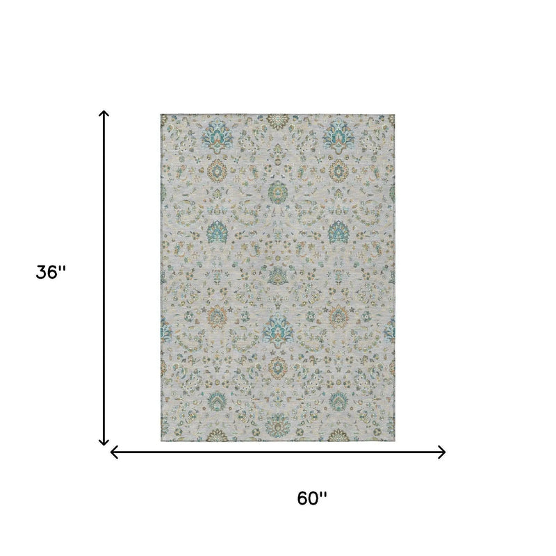 3' X 5' Silver And Gray Floral Washable Indoor Outdoor Area Rug Homeroots Outdoor