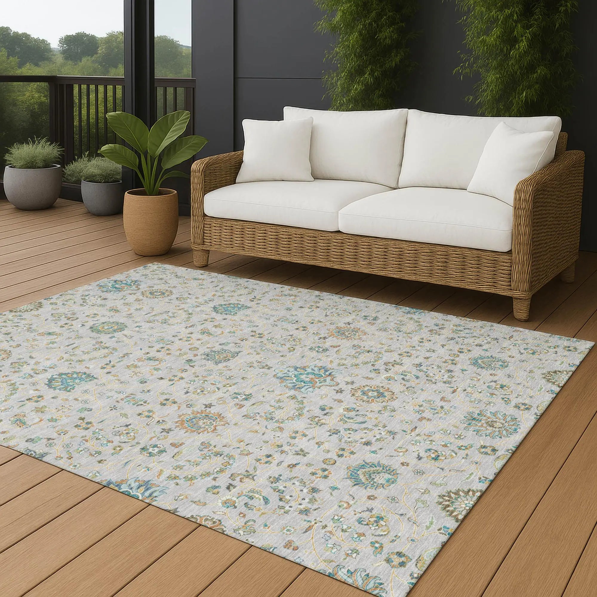 3' X 5' Silver And Gray Floral Washable Indoor Outdoor Area Rug Homeroots Outdoor