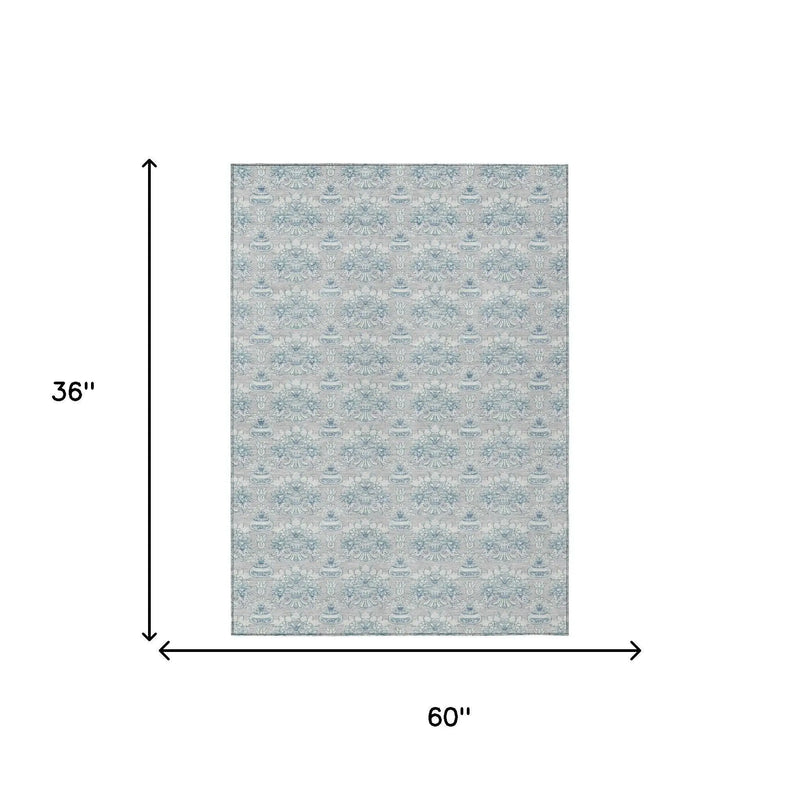 3' X 5' Silver And Gray Floral Washable Indoor Outdoor Area Rug Homeroots Outdoor