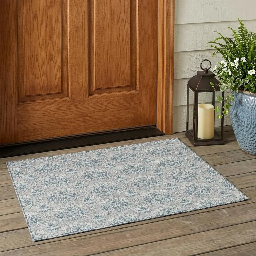 3' X 5' Silver And Gray Floral Washable Indoor Outdoor Area Rug Homeroots Outdoor