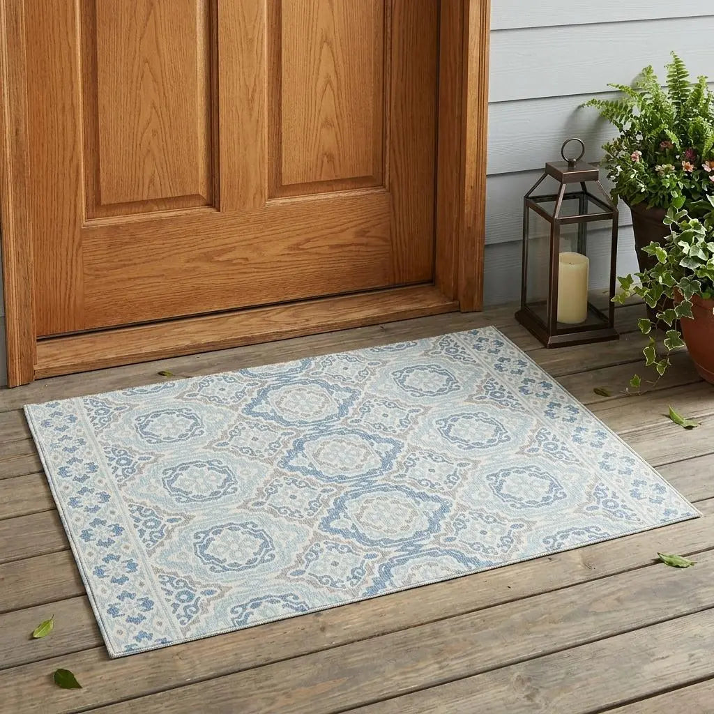 3' X 5' Sky Blue And Beige Tribal Washable Indoor Outdoor Area Rug Homeroots Outdoor