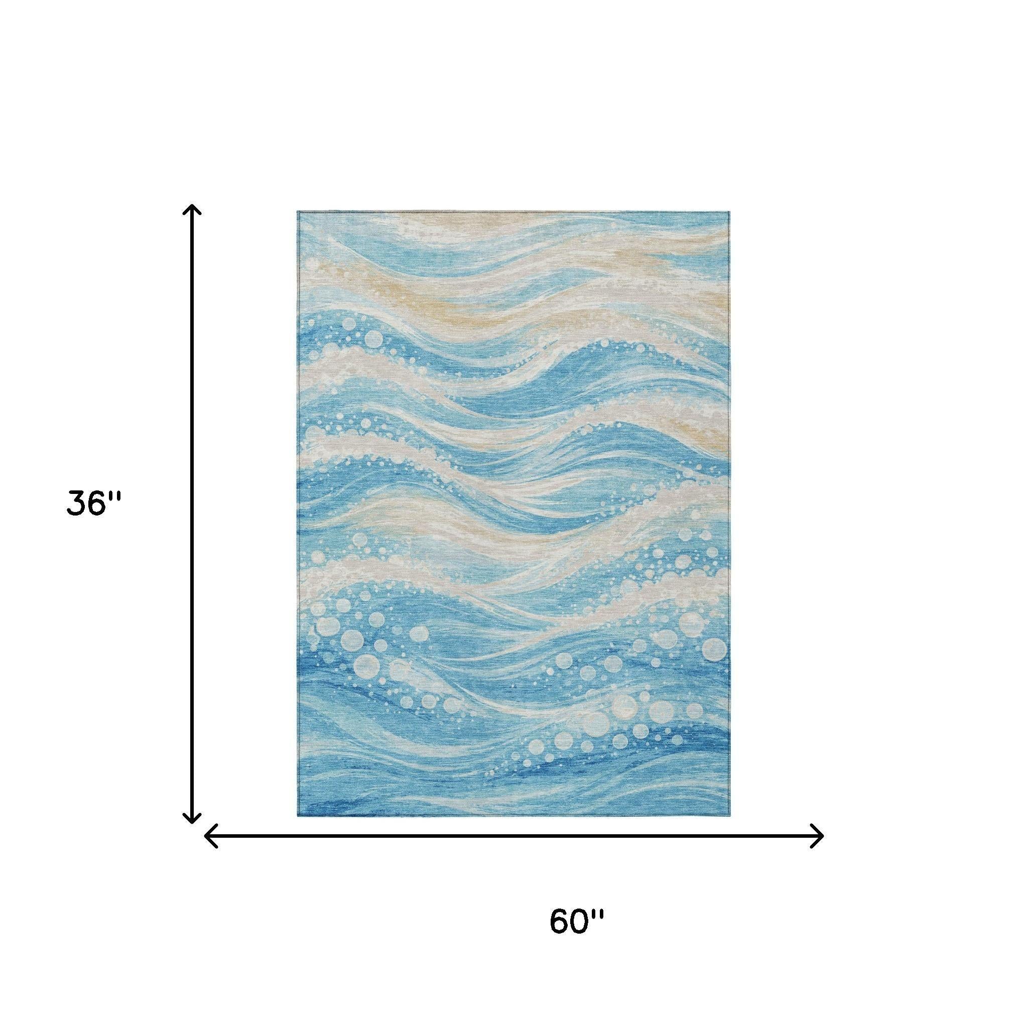 3' X 5' Sky Blue And Blue Abstract Washable Indoor Outdoor Area Rug Homeroots Outdoor