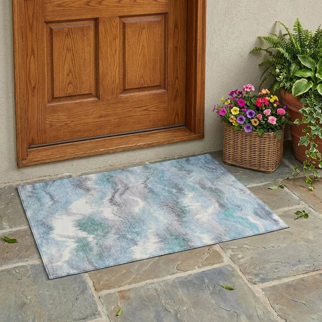 3' X 5' Sky Blue And Blue Abstract Washable Indoor Outdoor Area Rug Homeroots Outdoor