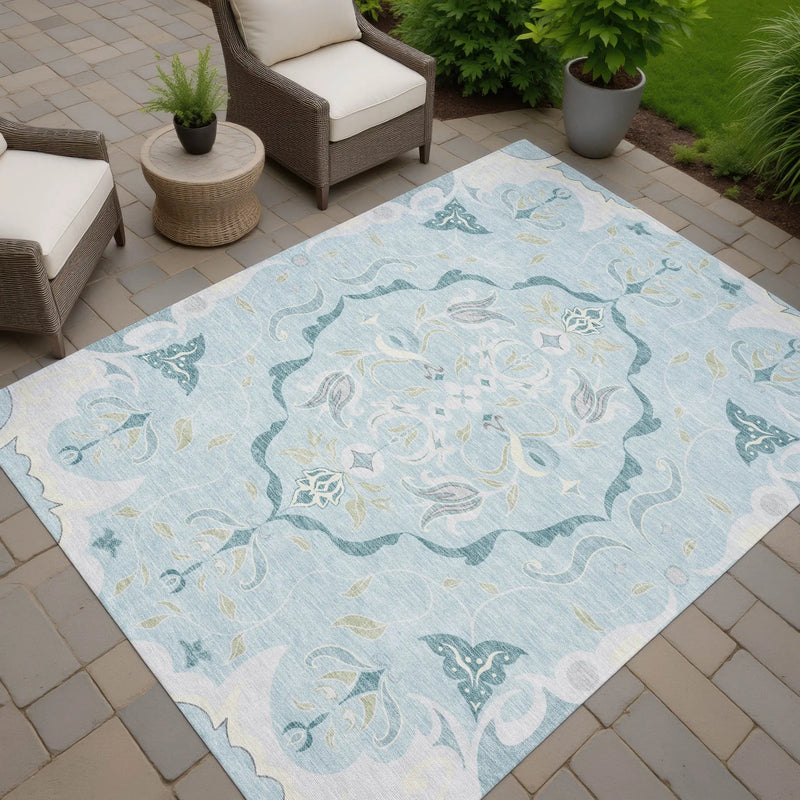 3' X 5' Sky Blue And Blue Damask Washable Indoor Outdoor Area Rug Homeroots Outdoor