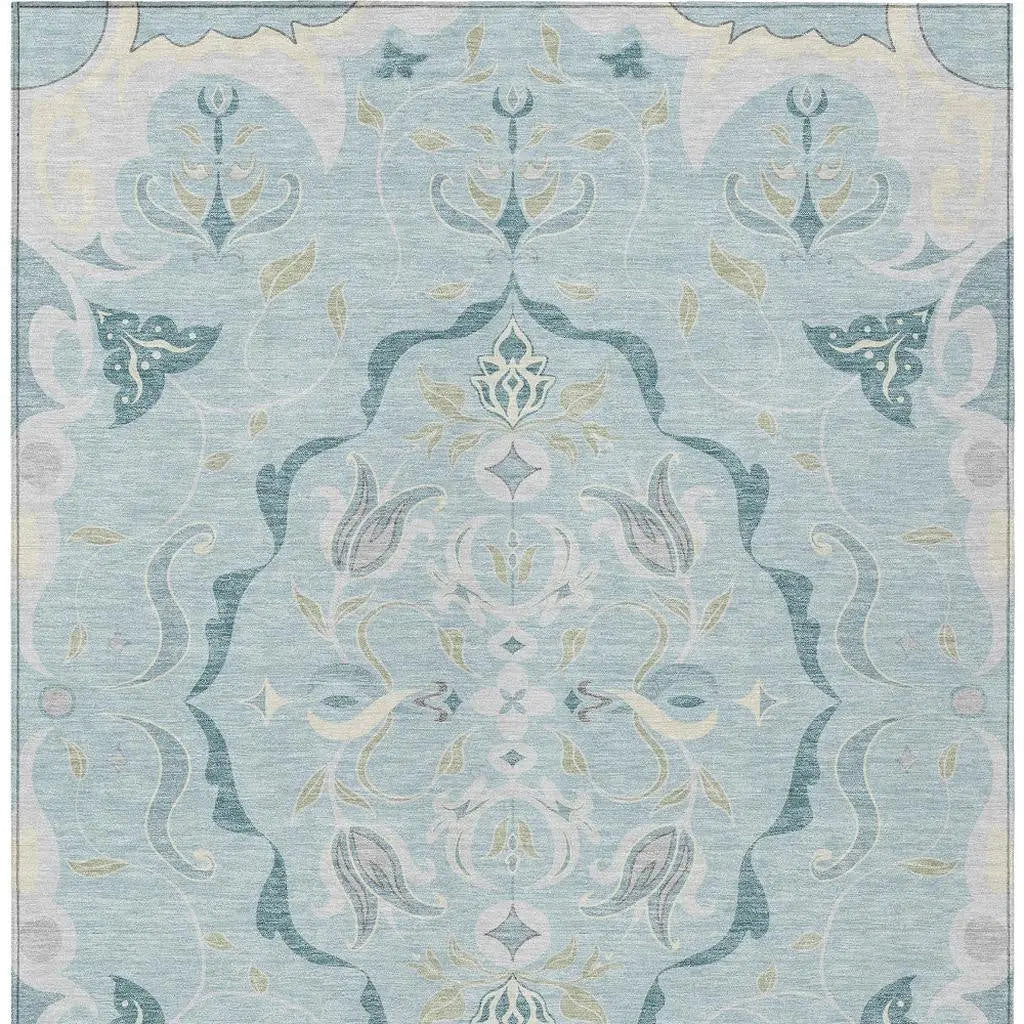 3' X 5' Sky Blue And Blue Damask Washable Indoor Outdoor Area Rug Homeroots Outdoor