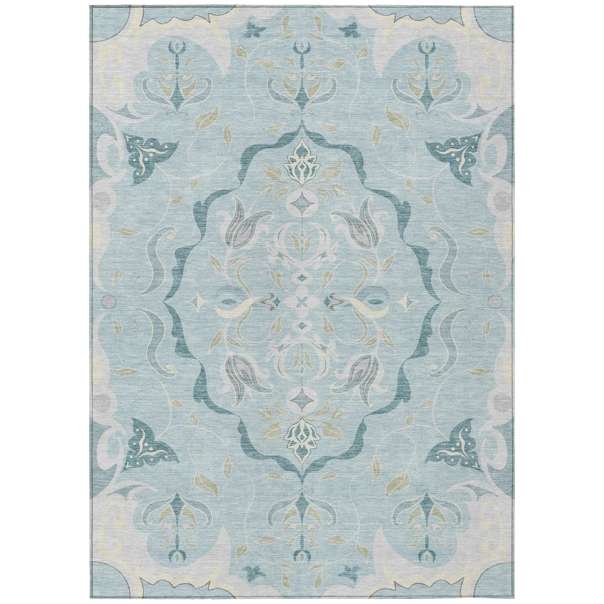 3' X 5' Sky Blue And Blue Damask Washable Indoor Outdoor Area Rug Homeroots Outdoor