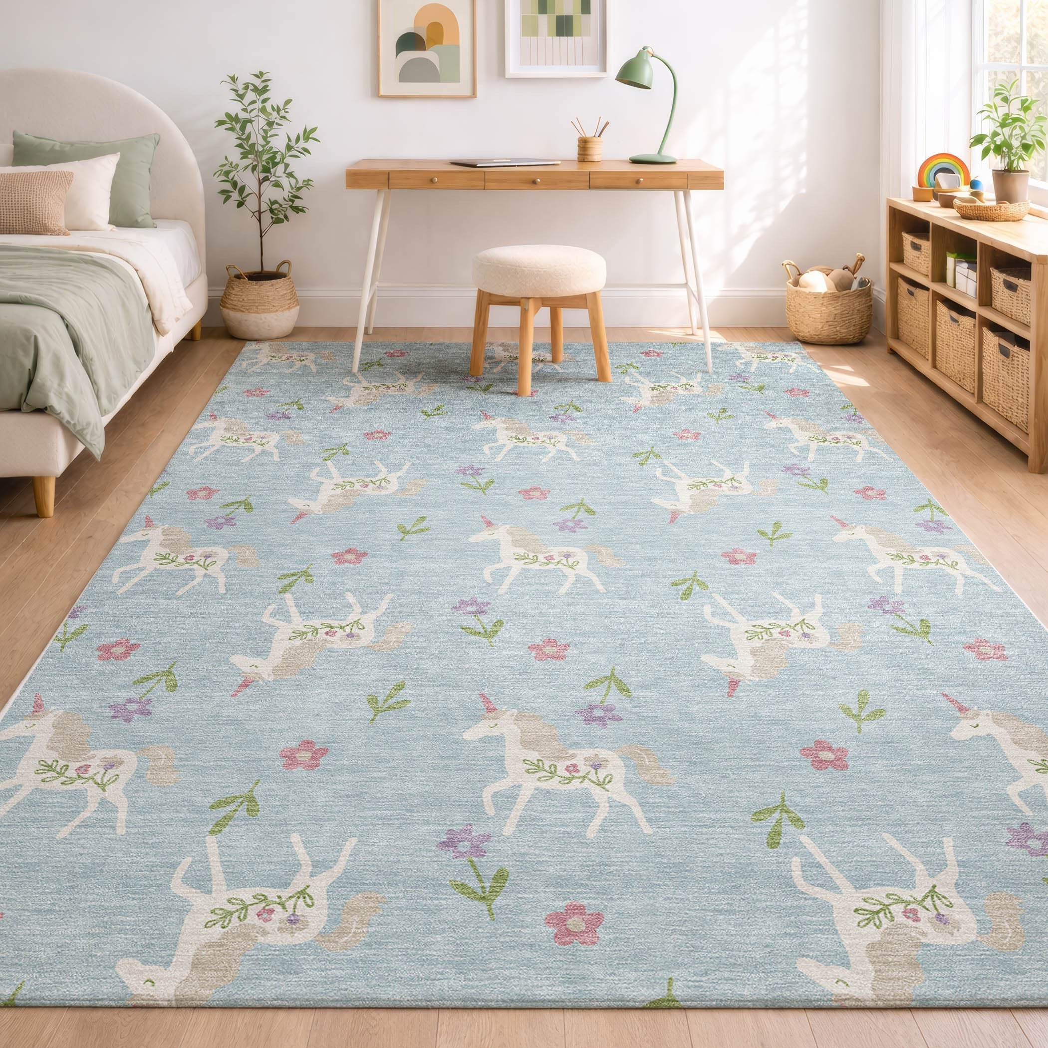 3' X 5' Sky Blue And Blue Floral Washable Indoor Outdoor Area Rug Homeroots Outdoor