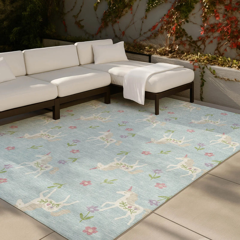 3' X 5' Sky Blue And Blue Floral Washable Indoor Outdoor Area Rug Homeroots Outdoor