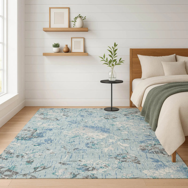 3' X 5' Sky Blue And Blue Floral Washable Indoor Outdoor Area Rug Homeroots Outdoor