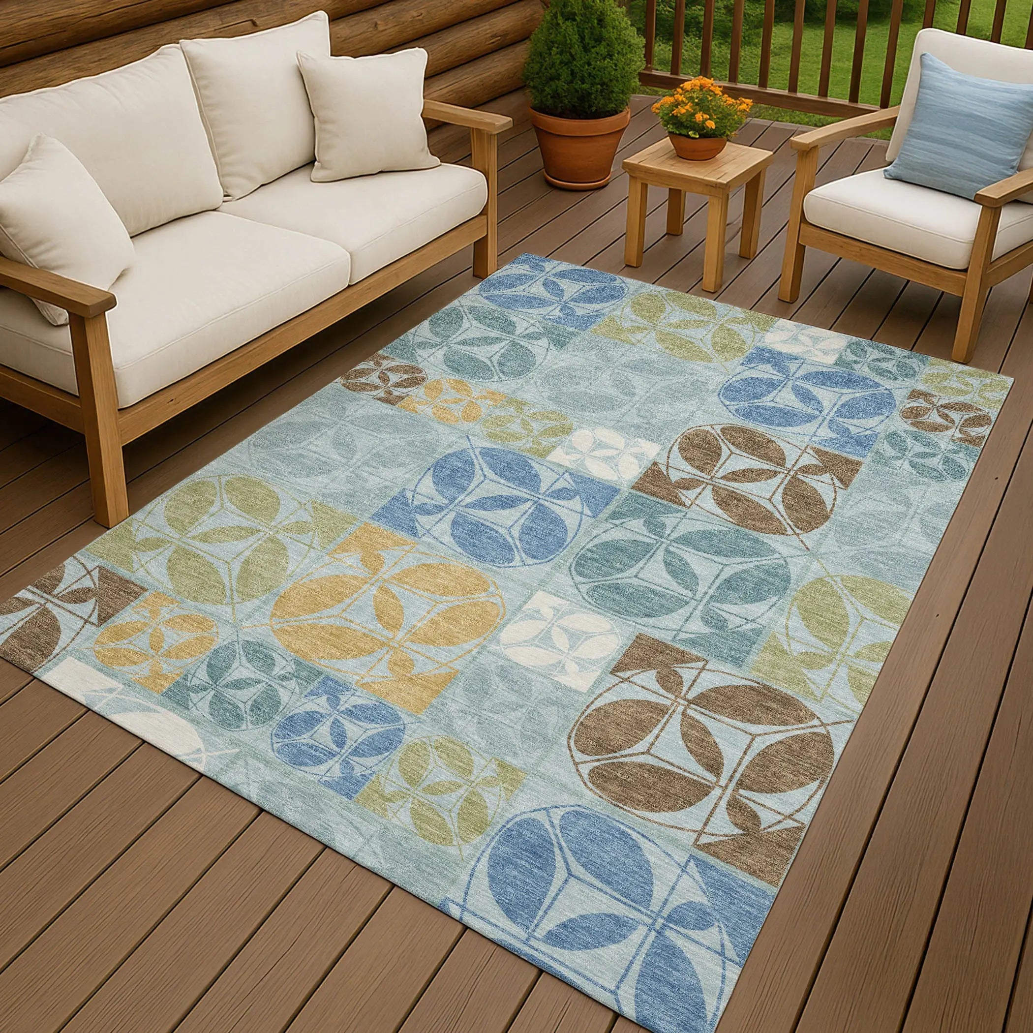 3' X 5' Sky Blue And Blue Geometric Washable Indoor Outdoor Area Rug Homeroots Outdoor