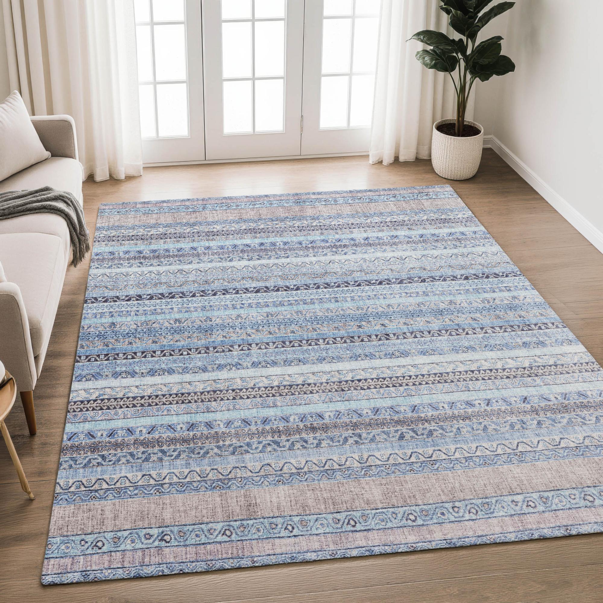 3' X 5' Sky Blue And Blue Striped Washable Indoor Outdoor Area Rug Homeroots Outdoor