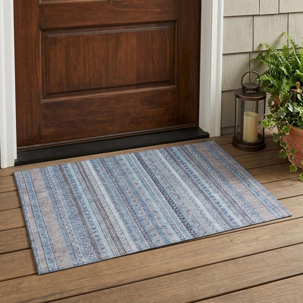 3' X 5' Sky Blue And Blue Striped Washable Indoor Outdoor Area Rug Homeroots Outdoor