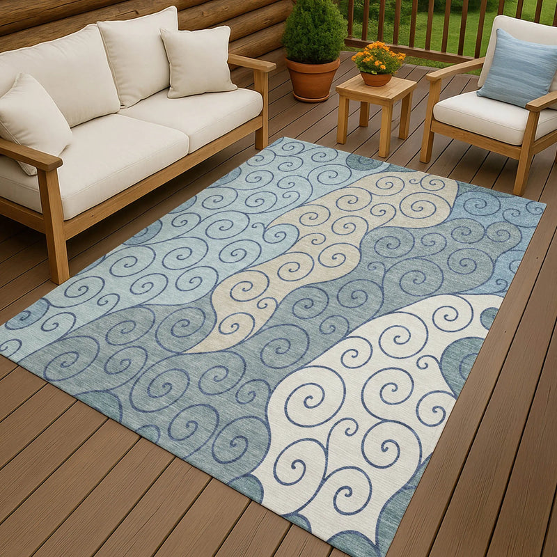 3' X 5' Sky Blue And Denim Blue Abstract Washable Indoor Outdoor Area Rug Homeroots Outdoor