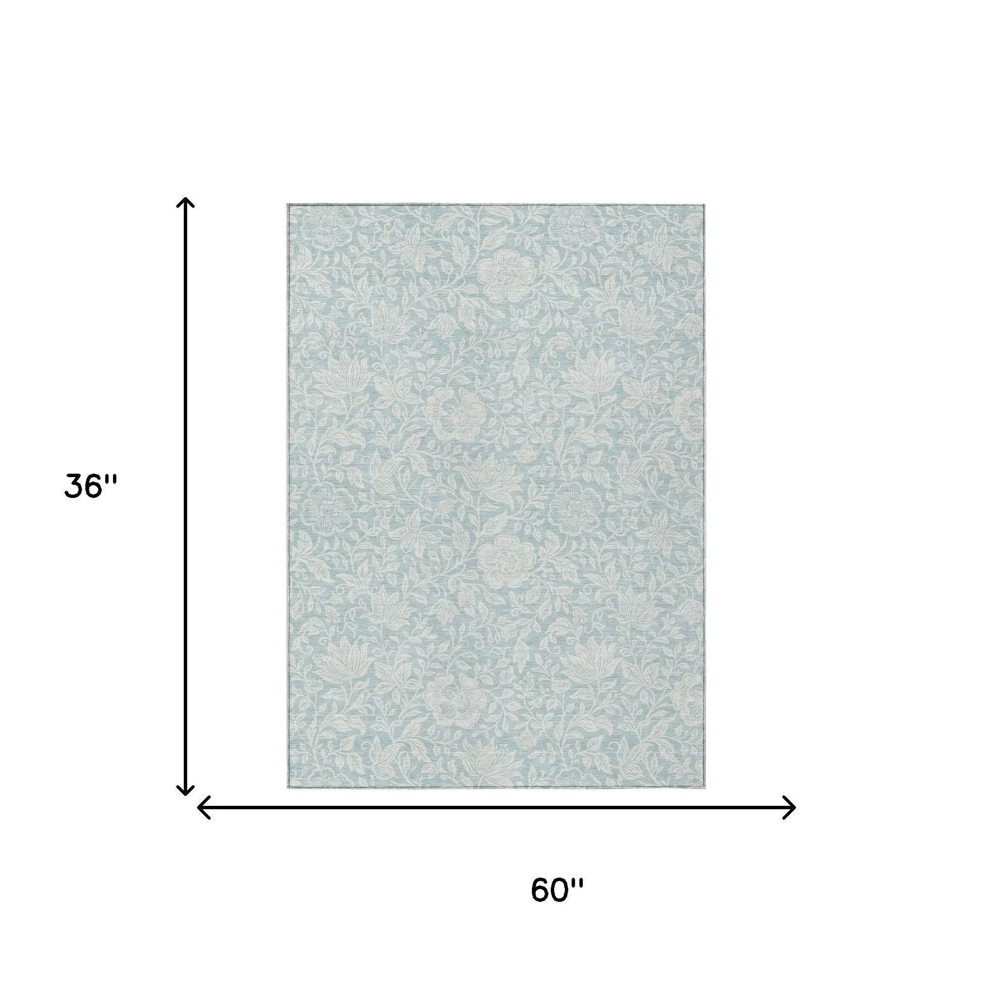 3' X 5' Sky Blue And Ivory Floral Washable Indoor Outdoor Area Rug Homeroots Outdoor