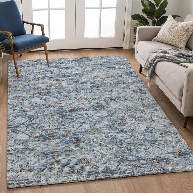 3' X 5' Sky Blue And Ivory Geometric Washable Indoor Outdoor Area Rug Homeroots Outdoor