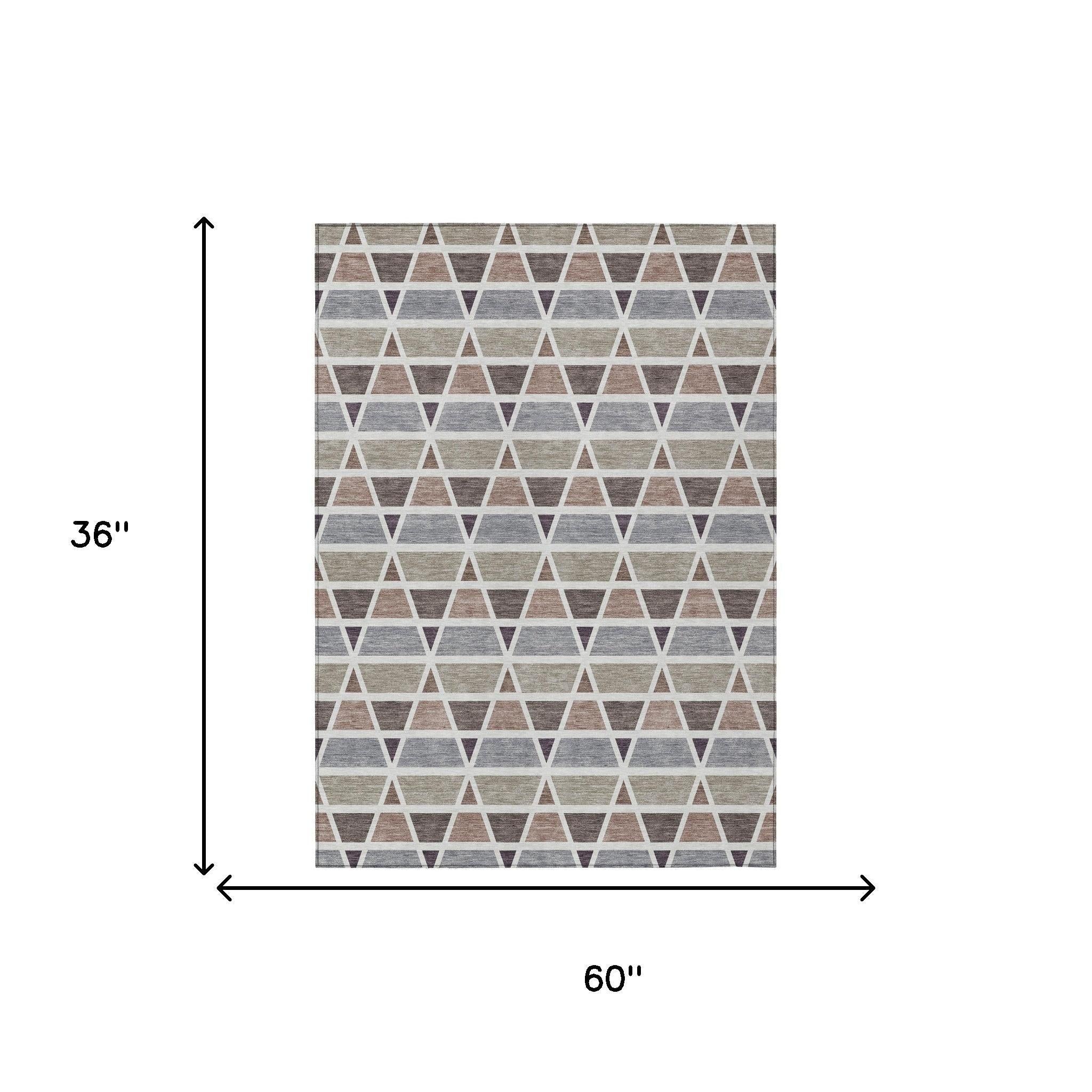 Geometric triangle area rug in gray, beige, and white, measuring 36"x60", perfect for modern home decor.
