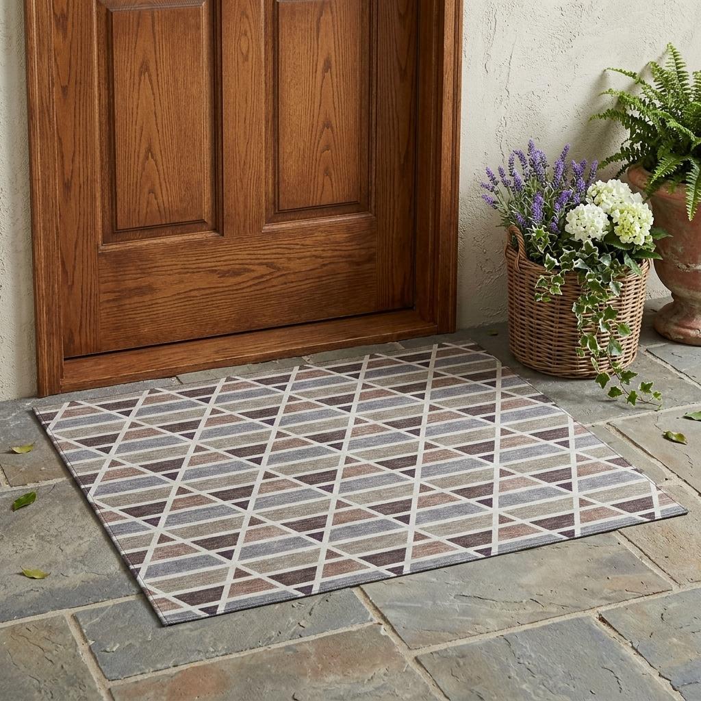 Gray and beige geometric patterned outdoor rug made from durable polypropene, perfect for entryways.