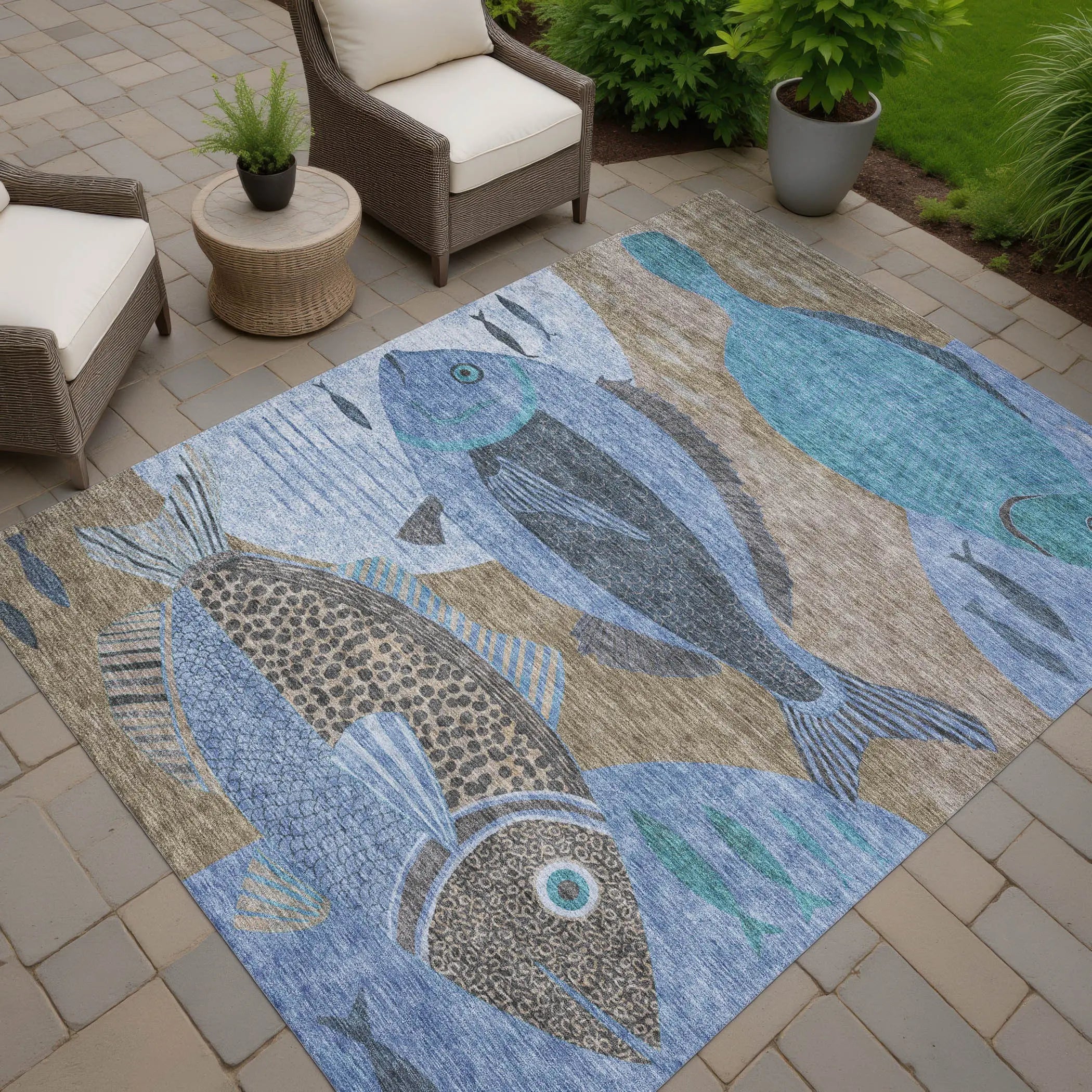 3' X 5' Taupe And Denim Blue Tropical Fish Washable Indoor Outdoor Area Rug Homeroots Outdoor