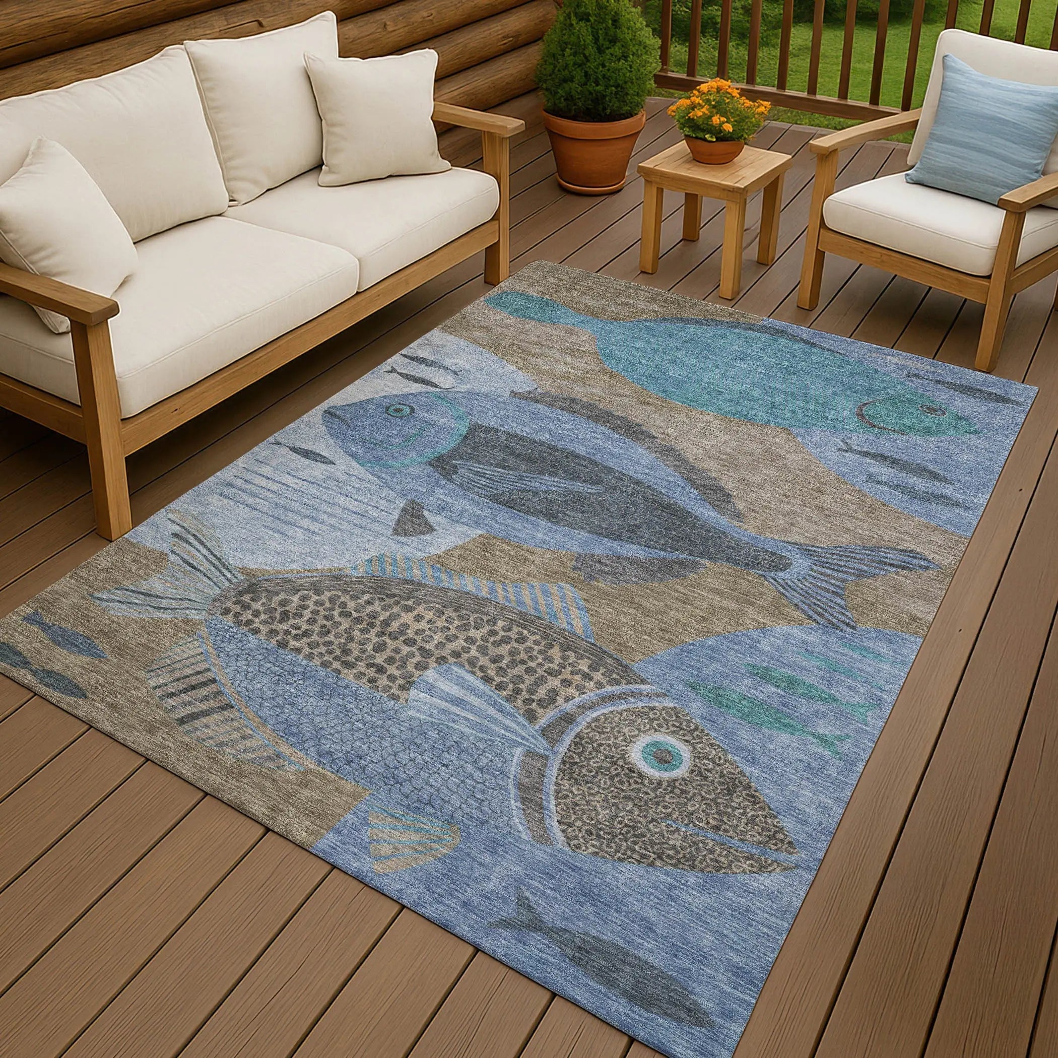 3' X 5' Taupe And Denim Blue Tropical Fish Washable Indoor Outdoor Area Rug Homeroots Outdoor