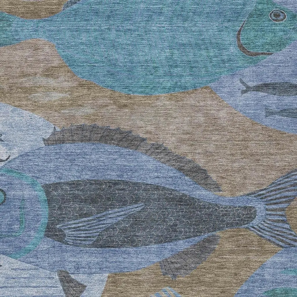 3' X 5' Taupe And Denim Blue Tropical Fish Washable Indoor Outdoor Area Rug Homeroots Outdoor