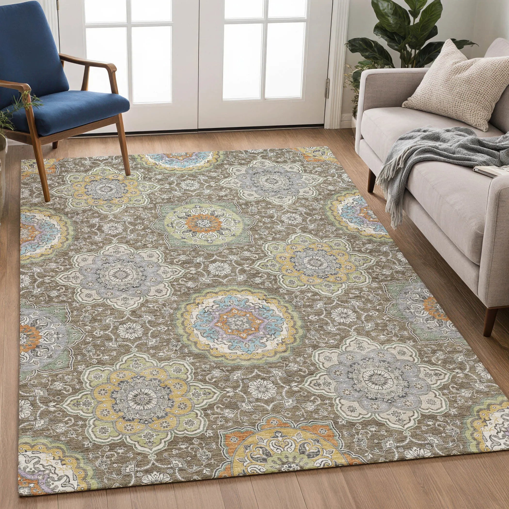 3' X 5' Taupe And Ivory Floral Medallion Washable Indoor Outdoor Area Rug Homeroots Outdoor
