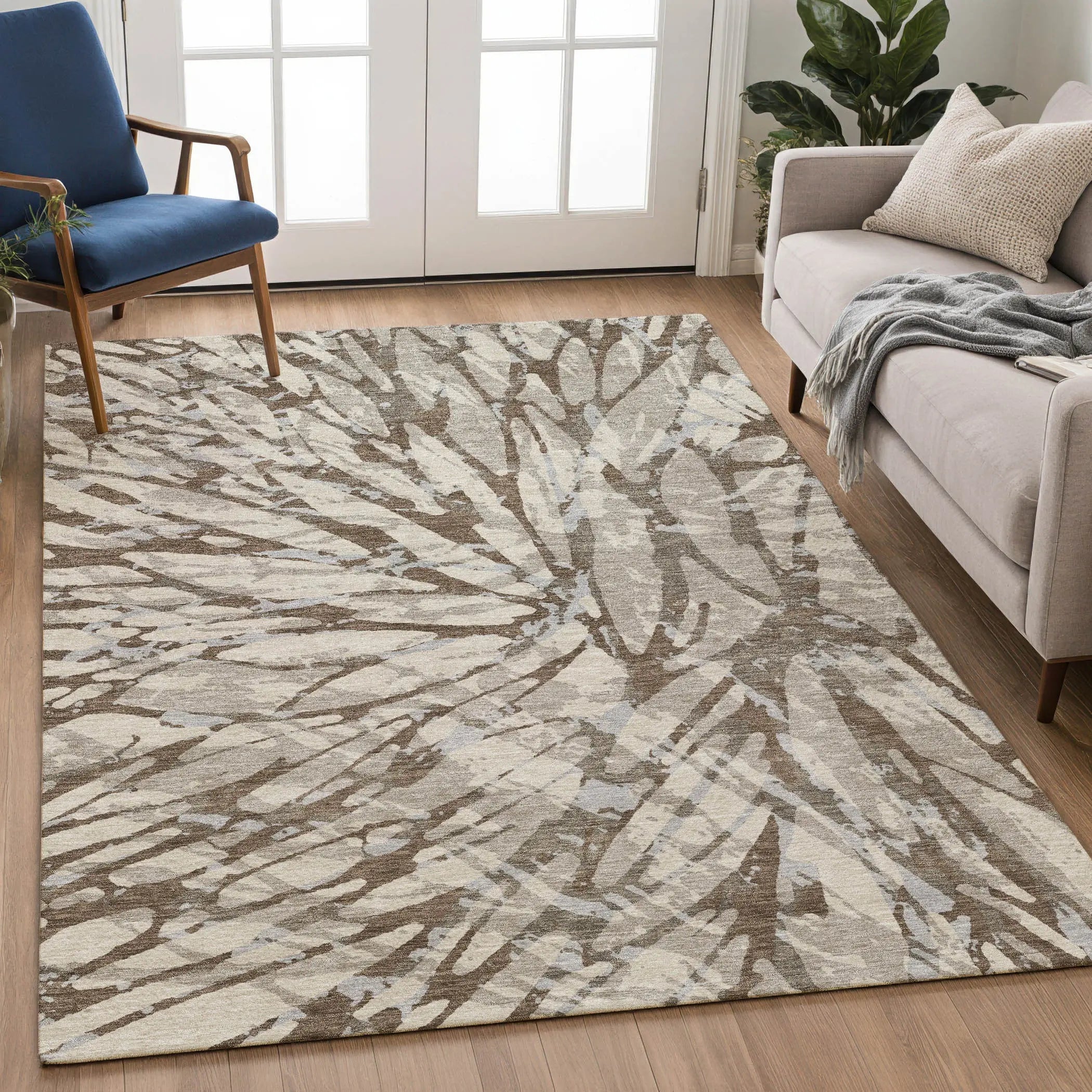 3' X 5' Taupe And Teal Blue Abstract Washable Indoor Outdoor Area Rug Homeroots Outdoor