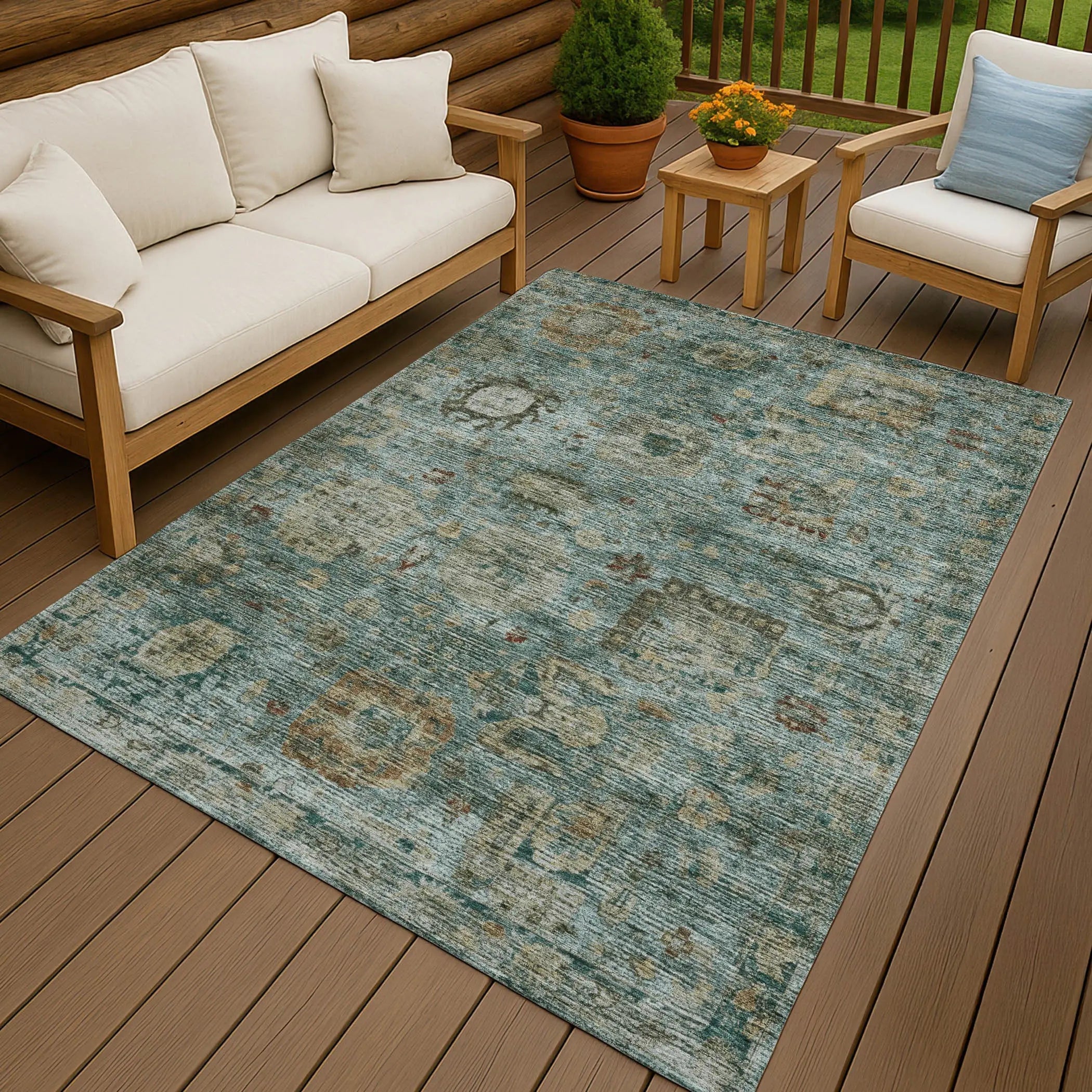 3' X 5' Teal Blue And Aqua Abstract Washable Indoor Outdoor Area Rug Homeroots Outdoor