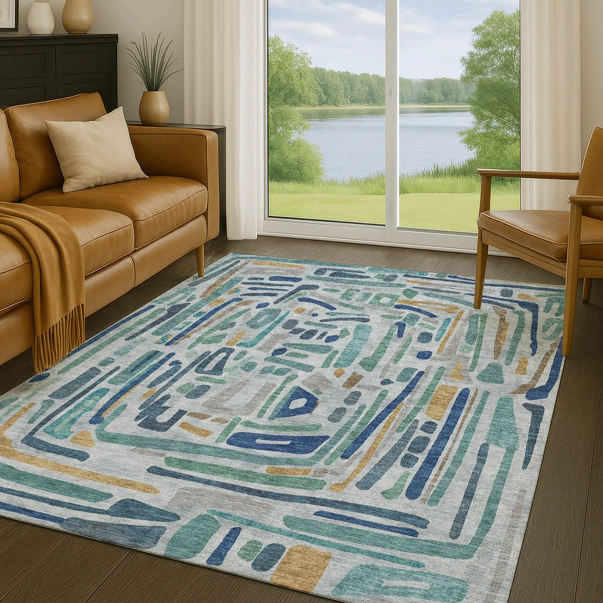 3' X 5' Teal Blue And Aqua Abstract Washable Indoor Outdoor Area Rug Homeroots Outdoor
