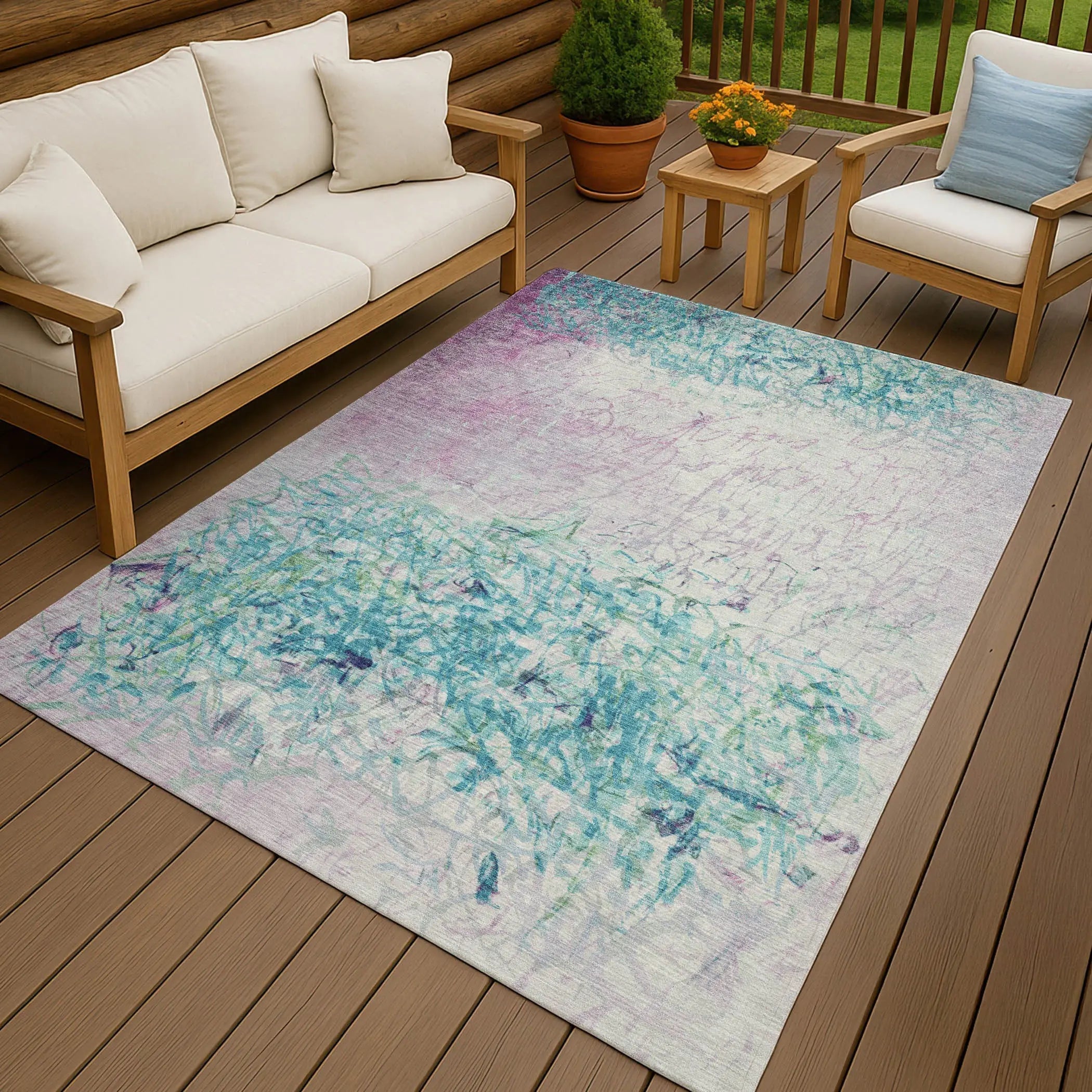 3' X 5' Teal Blue And Aqua Abstract Washable Indoor Outdoor Area Rug Homeroots Outdoor