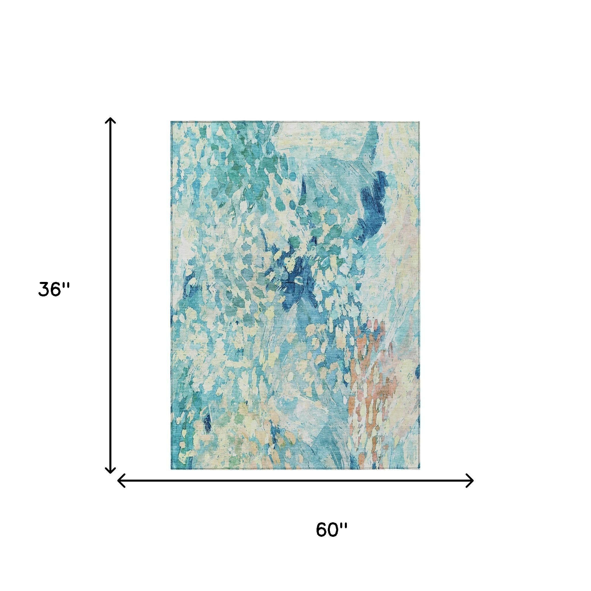 3' X 5' Teal Blue And Aqua Abstract Washable Indoor Outdoor Area Rug Homeroots Outdoor