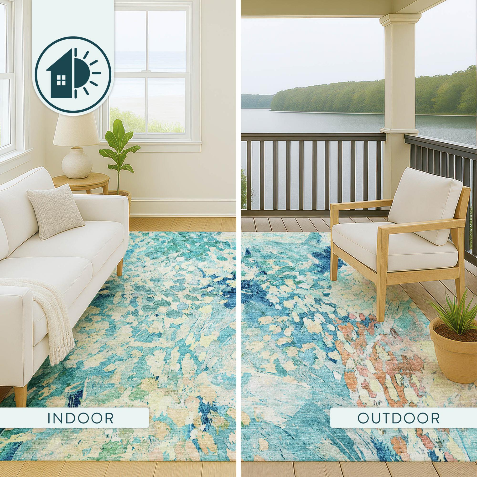 3' X 5' Teal Blue And Aqua Abstract Washable Indoor Outdoor Area Rug Homeroots Outdoor