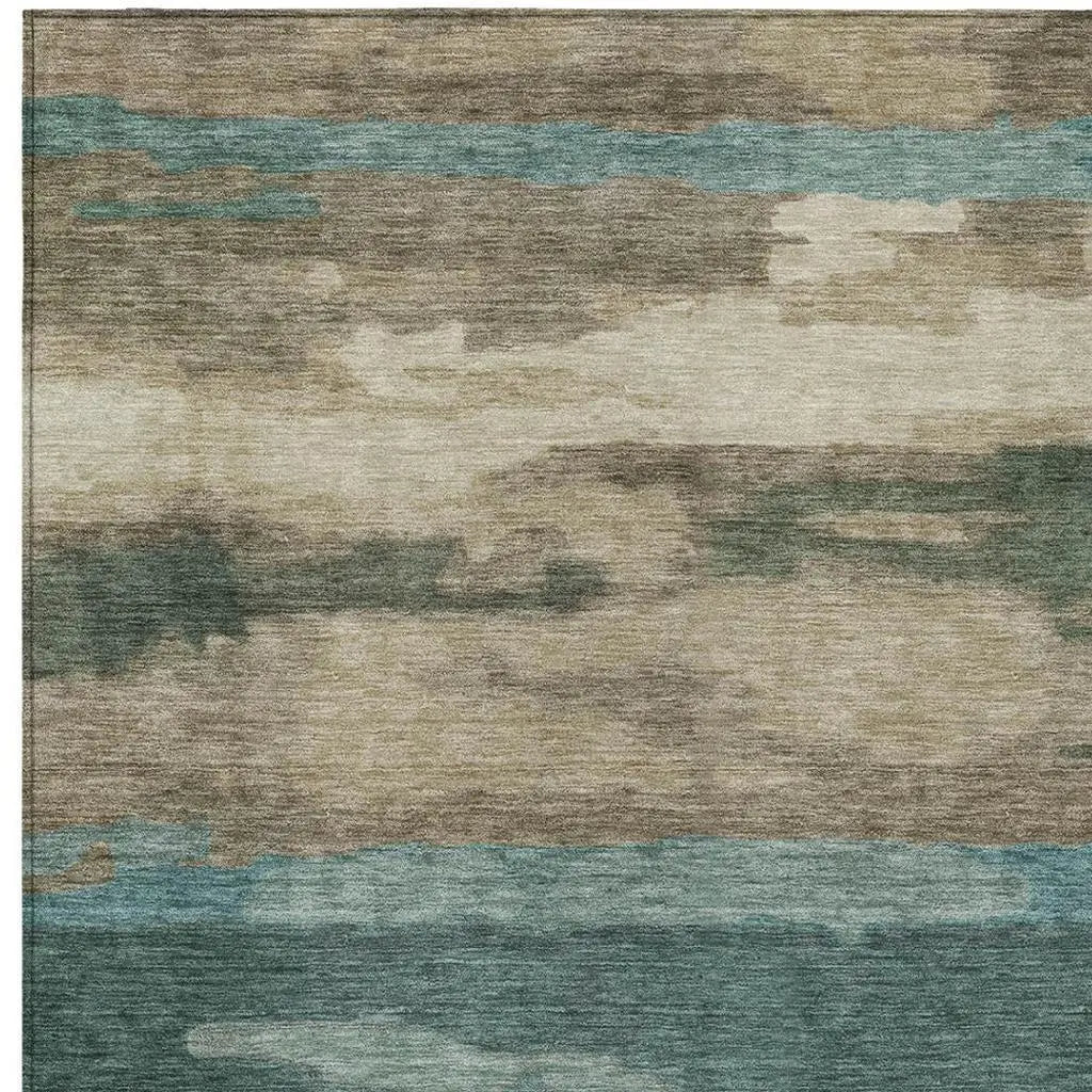3' X 5' Teal Blue And Beige Abstract Washable Indoor Outdoor Area Rug Homeroots Outdoor