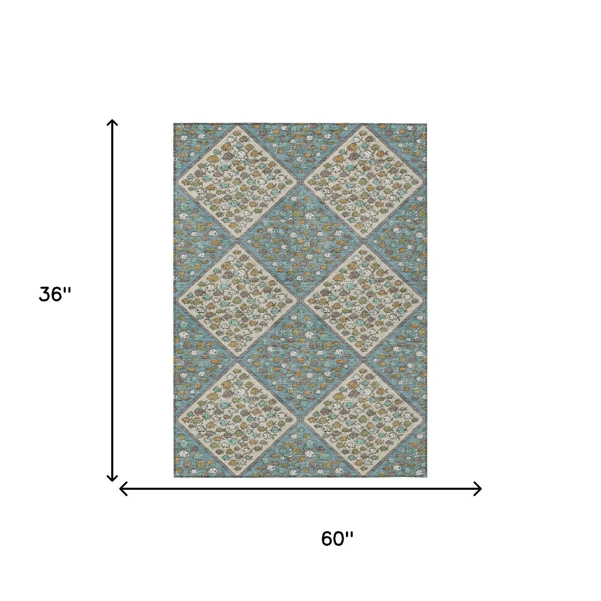 3' X 5' Teal Blue And Beige Abstract Washable Indoor Outdoor Area Rug Homeroots Outdoor