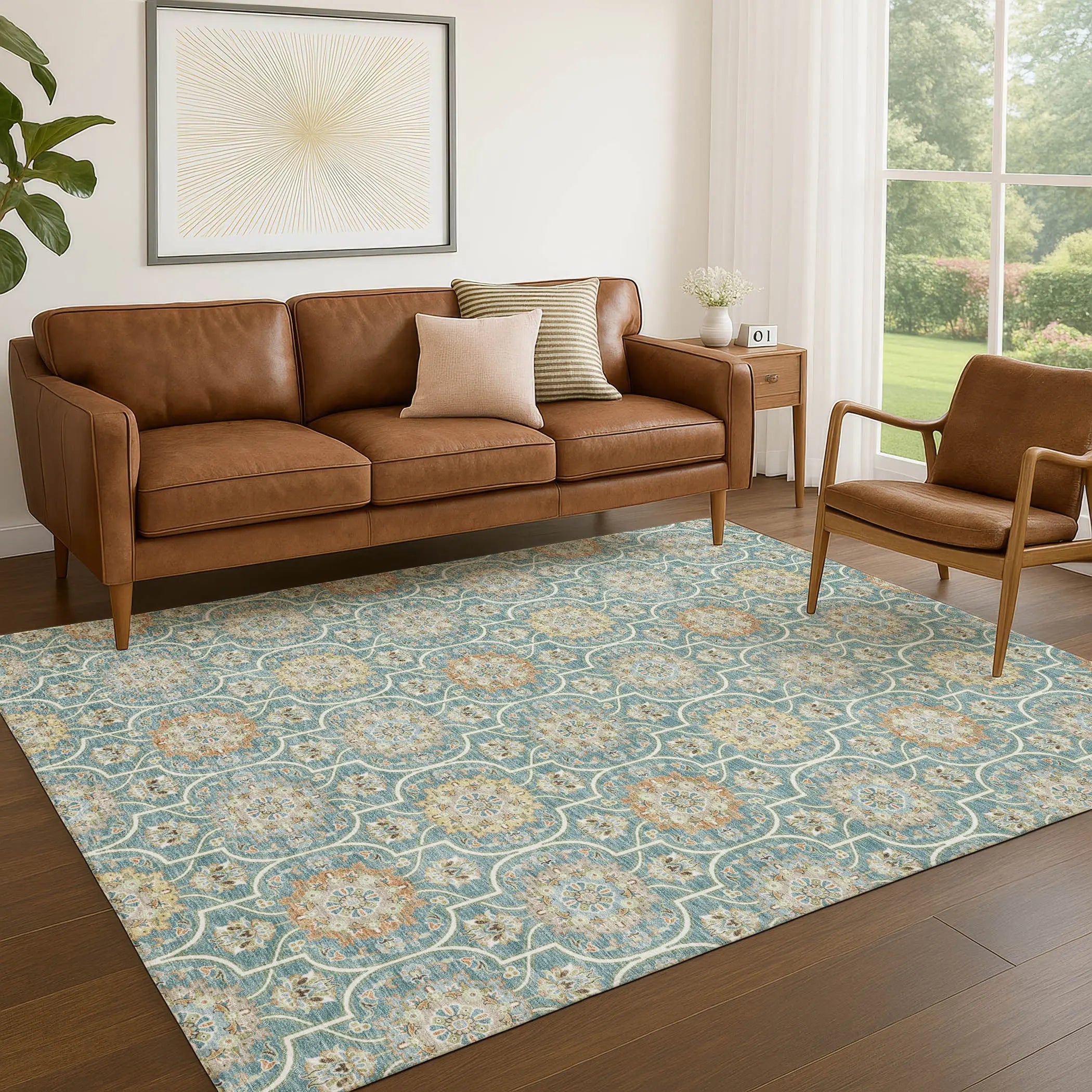 3' X 5' Teal Blue And Beige Floral Medallion Washable Indoor Outdoor Area Rug Homeroots Outdoor