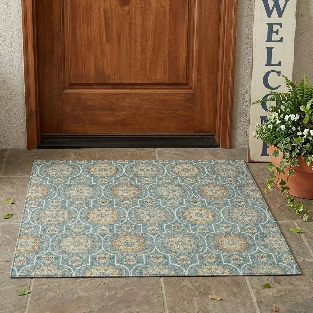 3' X 5' Teal Blue And Beige Floral Medallion Washable Indoor Outdoor Area Rug Homeroots Outdoor