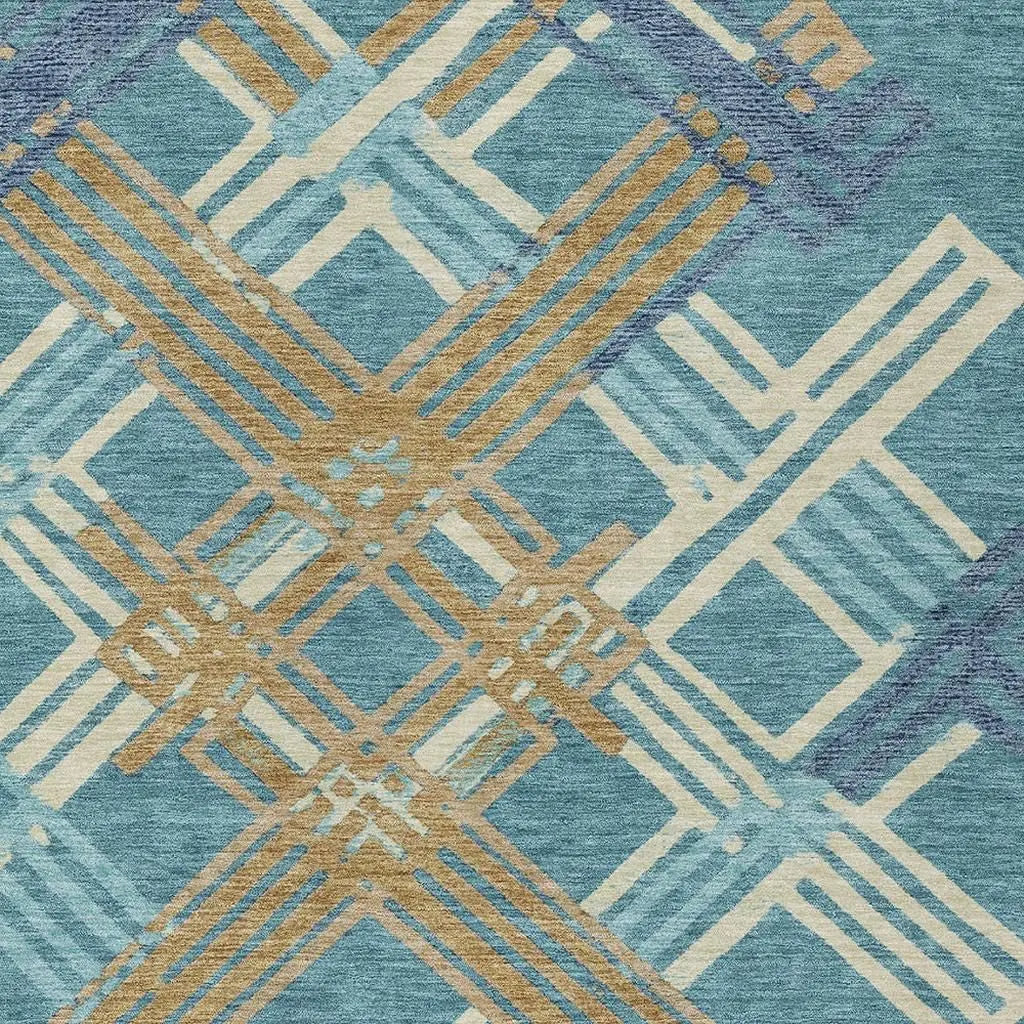 3' X 5' Teal Blue And Beige Geometric Washable Indoor Outdoor Area Rug Homeroots Outdoor