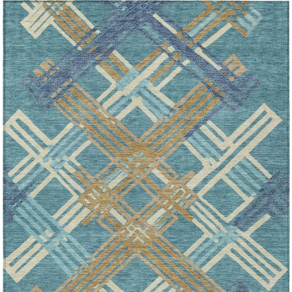 3' X 5' Teal Blue And Beige Geometric Washable Indoor Outdoor Area Rug Homeroots Outdoor