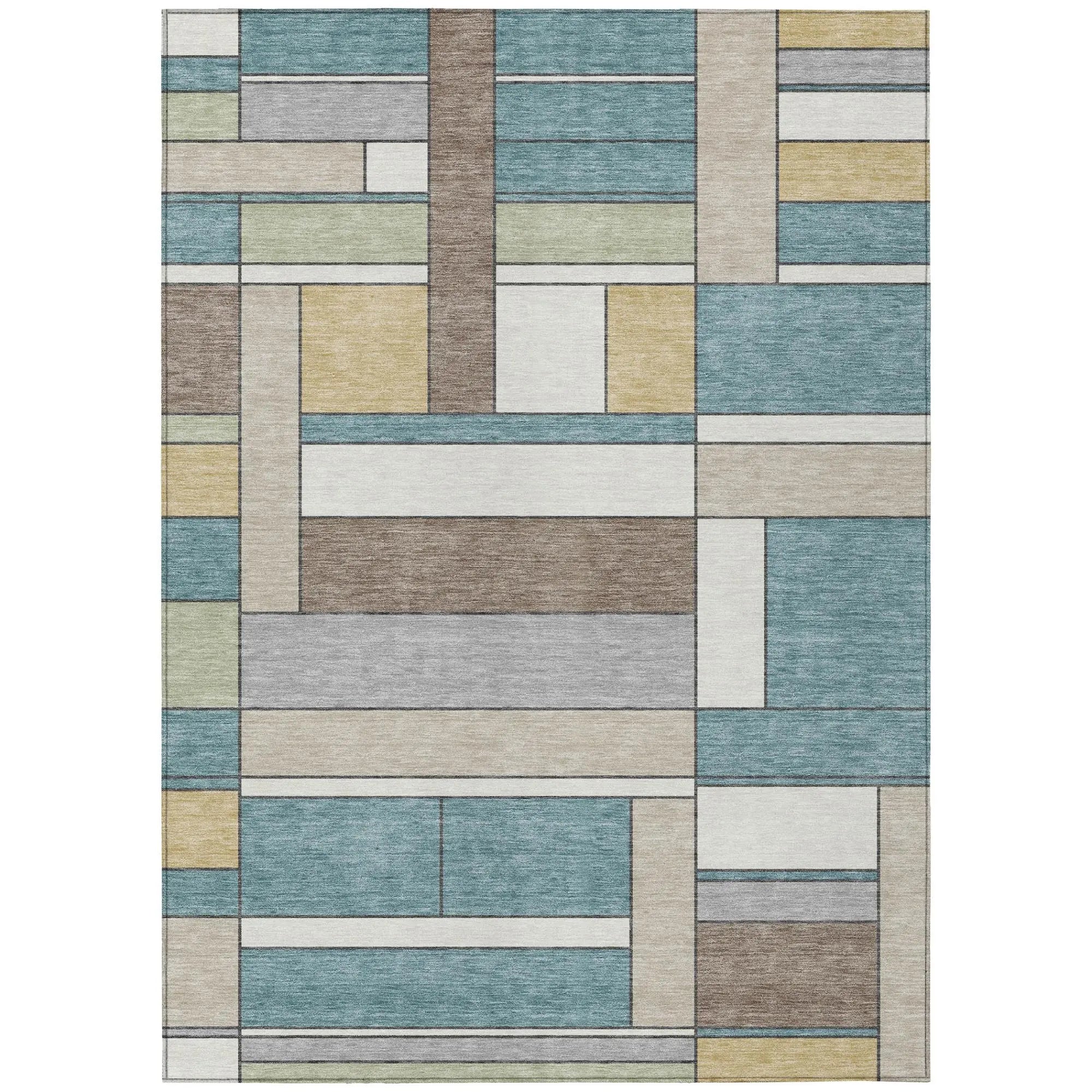 3' X 5' Teal Blue And Beige Geometric Washable Indoor Outdoor Area Rug Homeroots Outdoor