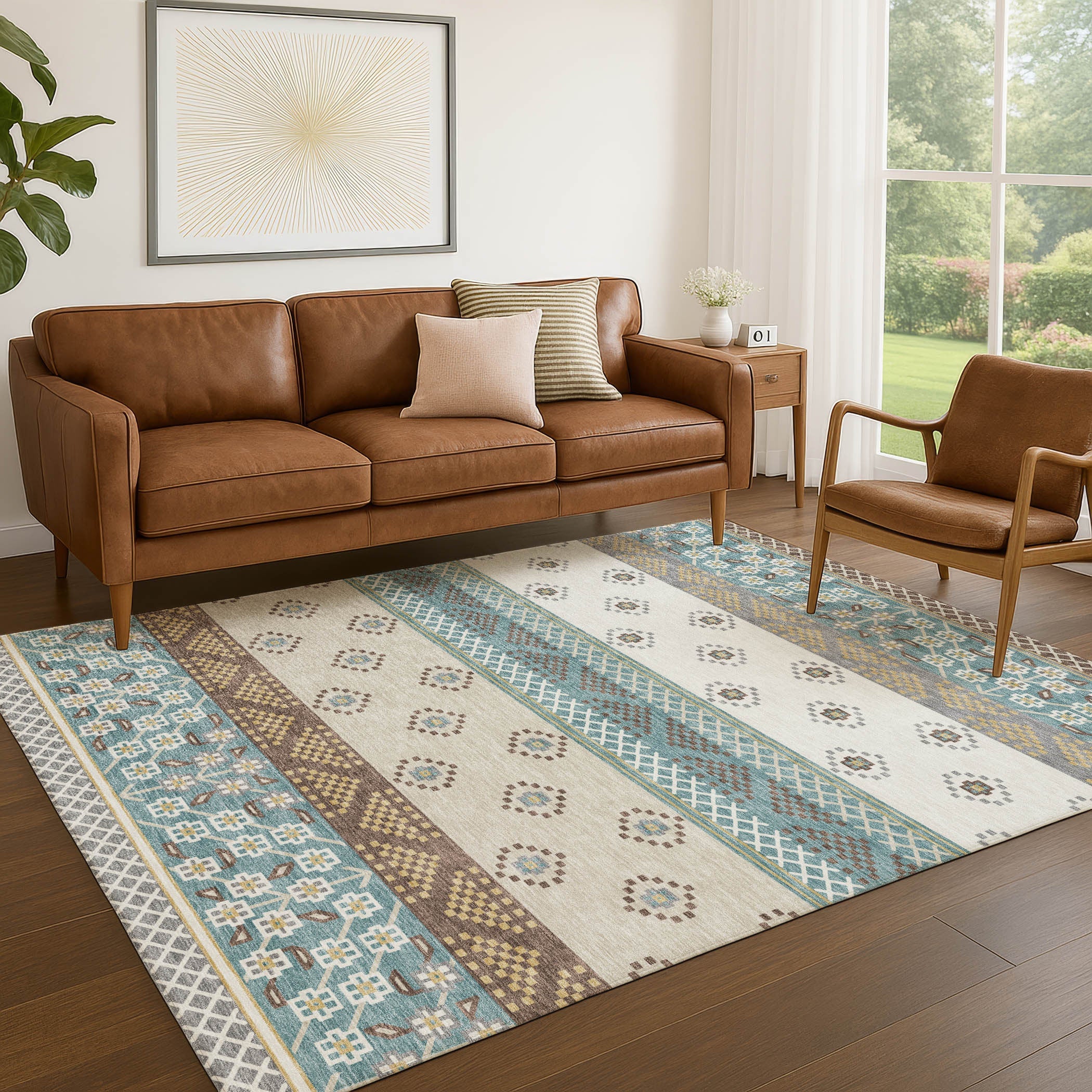 3' X 5' Teal Blue And Beige Striped Washable Indoor Outdoor Area Rug Homeroots Outdoor