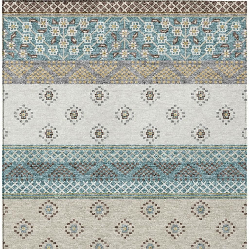 3' X 5' Teal Blue And Beige Striped Washable Indoor Outdoor Area Rug Homeroots Outdoor