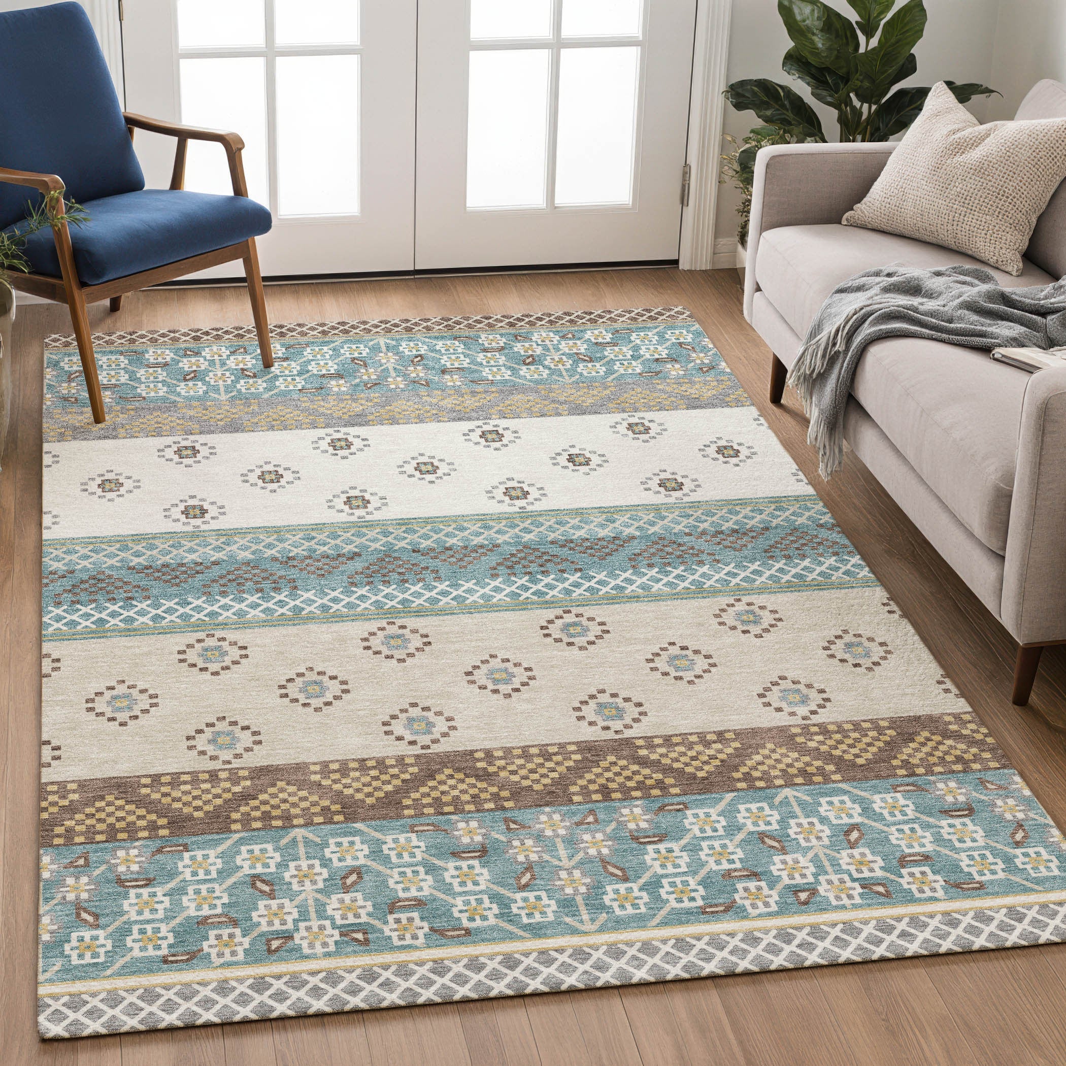 3' X 5' Teal Blue And Beige Striped Washable Indoor Outdoor Area Rug Homeroots Outdoor