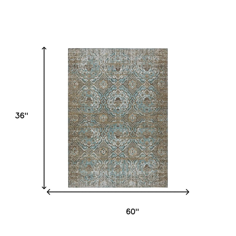 3' X 5' Teal Blue And Blue Floral Washable Indoor Outdoor Area Rug Homeroots Outdoor