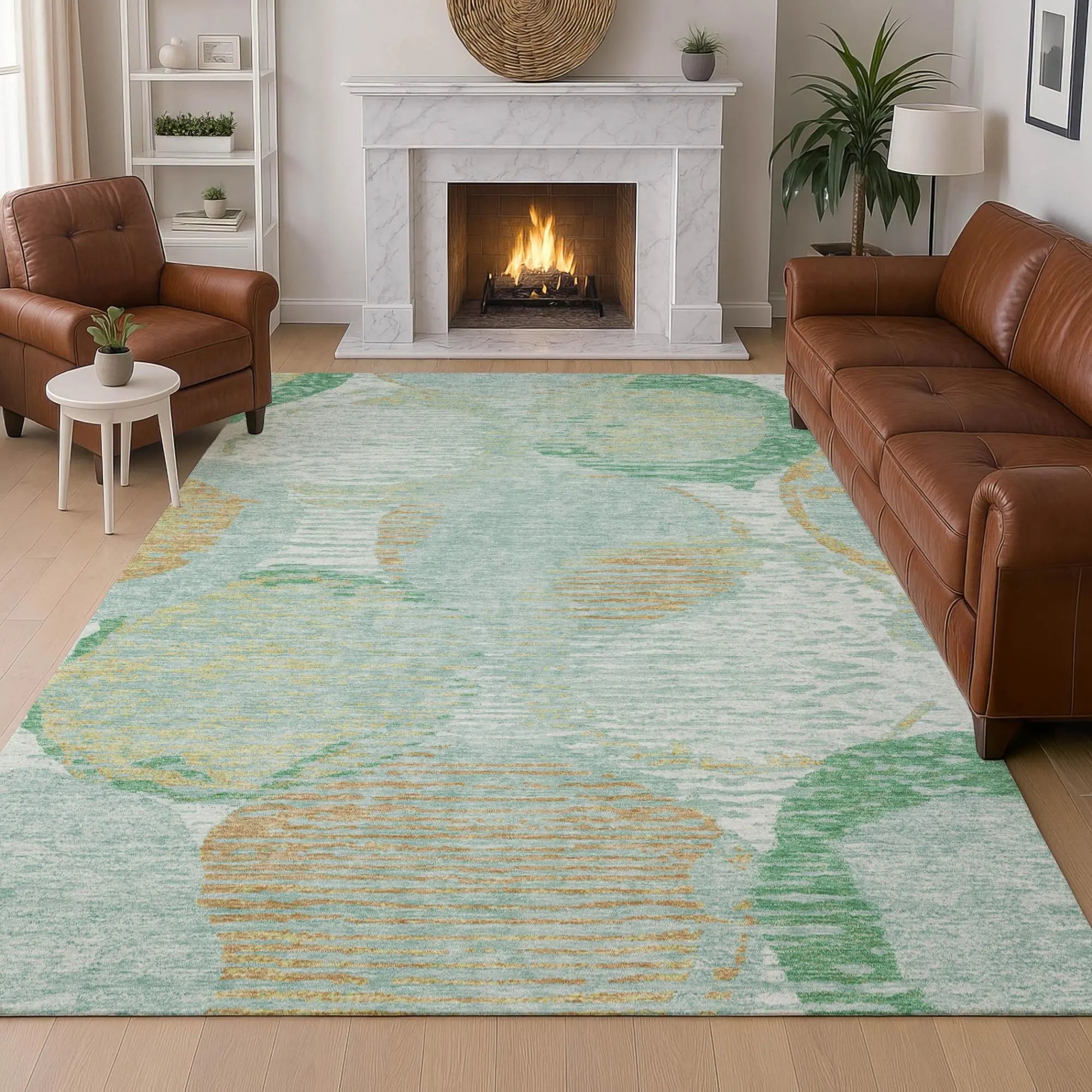 Light teal area rug with abstract green and golden circles, woven from soft, durable fibers, enhancing modern living spaces.